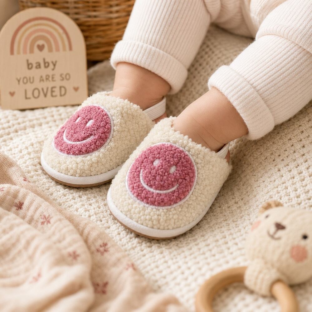 Baby Sherpa Smiley Face Slippers Pink 6-12M Cozy House Shoes